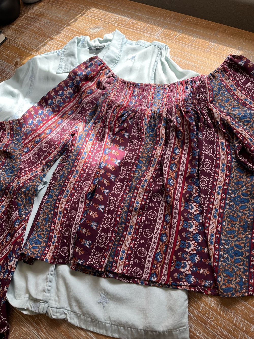 Romeo + Juliet  Boho Off-Shoulder blouse  & Velvet Heart chambray shirt bundle
